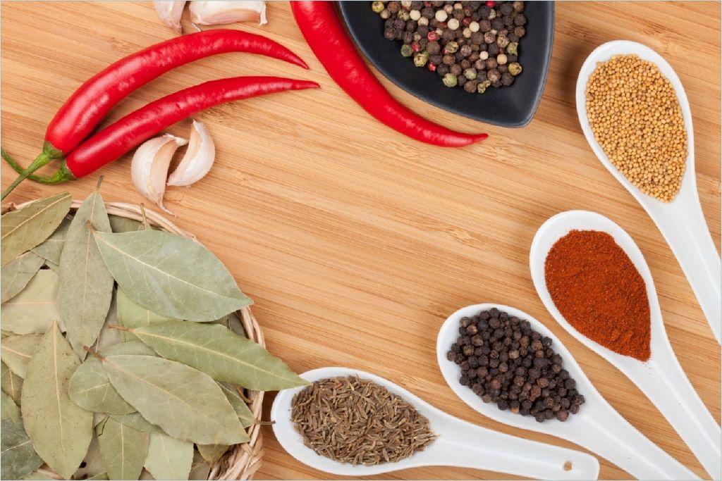 Wallario Poster - Gewürze und Kräuter auf Löffeln und in Schalen, Kunstdruck Größe: 100 x 150 cm