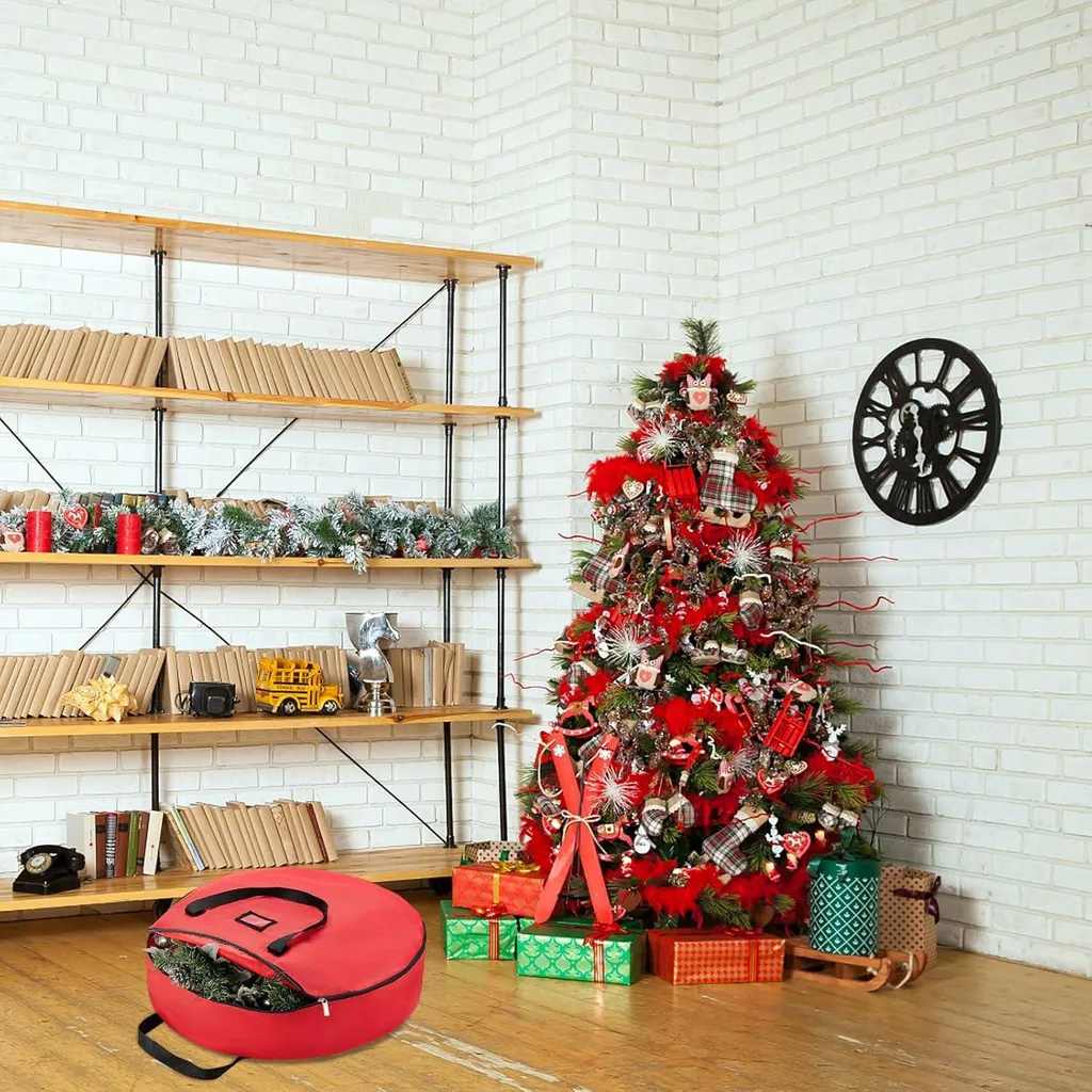 Sac de rangement pour couronne de Noël 60 cm en tissu Oxford 600D rouge