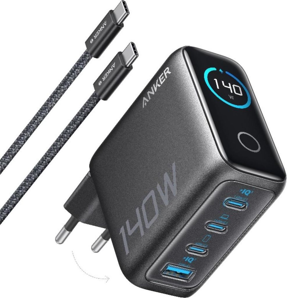 Anker Zolo 140W Wandladegerät, Digitalanzeige, 3x USB-C, 1x USB-A, PD 3.1, USB-C-Kabel enthalten, Schwarz
