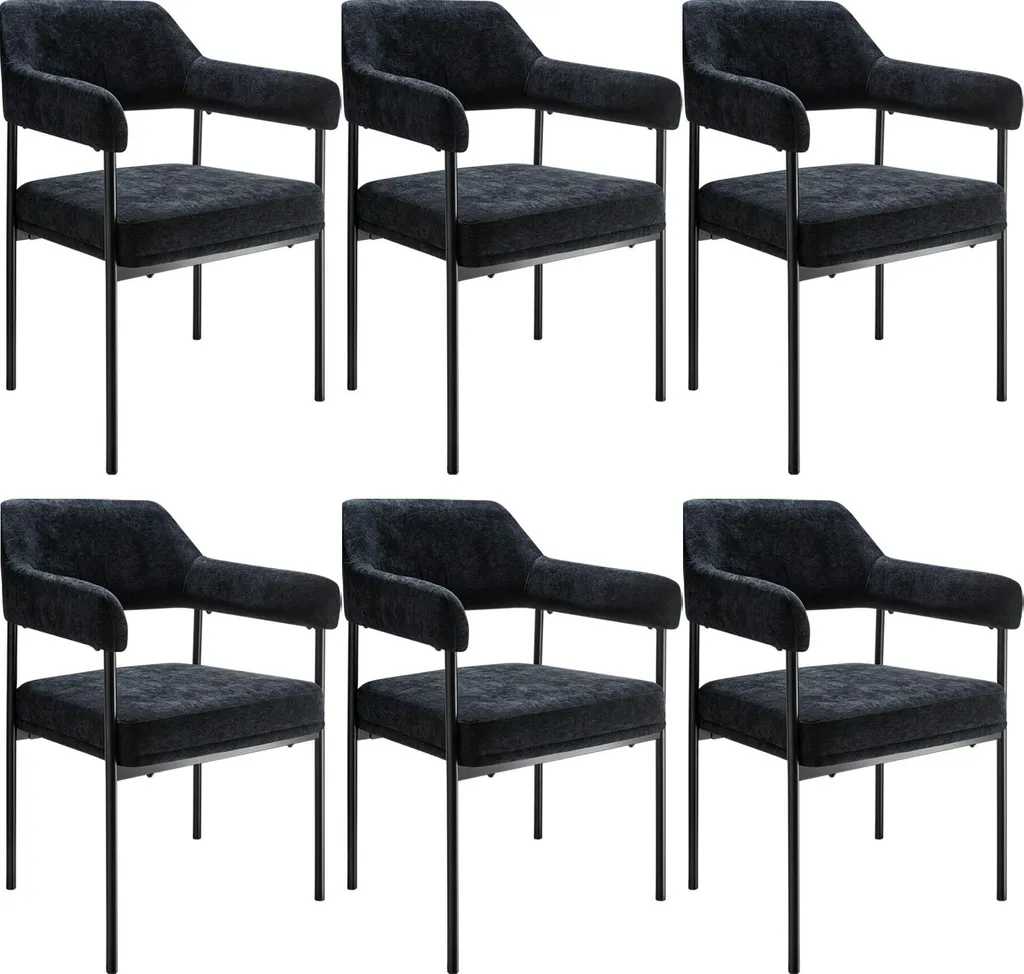 Lot de 6 Fauteuils DOÉ Rembourrés avec Pieds en Acier - Tissu Noir/Noir