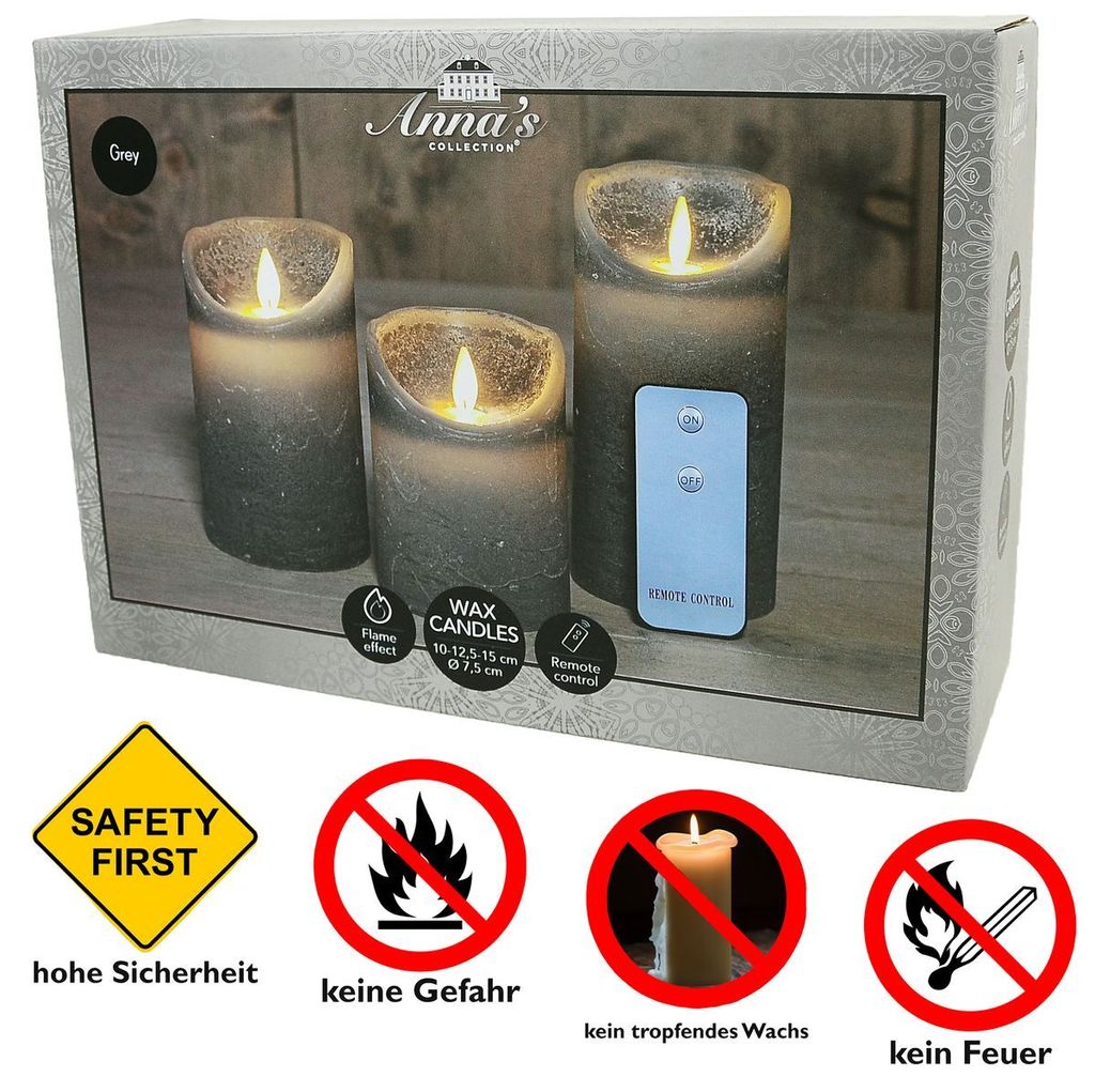 Stumpenkerzen Salbei Relaxdays LED Kerzen 3er Set – Flammenlose Elektrokerzen Aus Echtwachs Mit Rillen, Flackernde Flamme, Salbei, 3 Größen