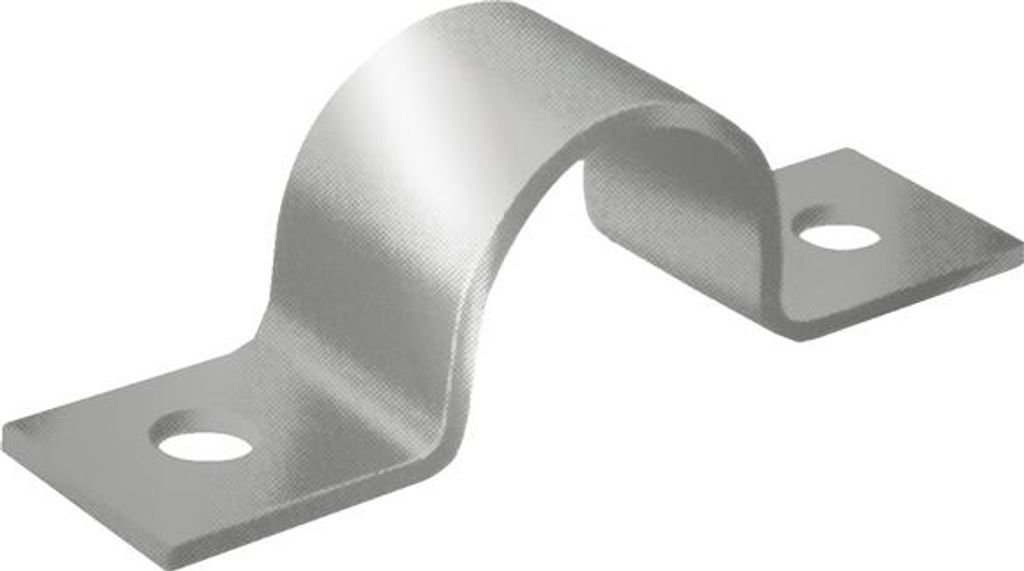 A single metal pipe clamp on a white background.