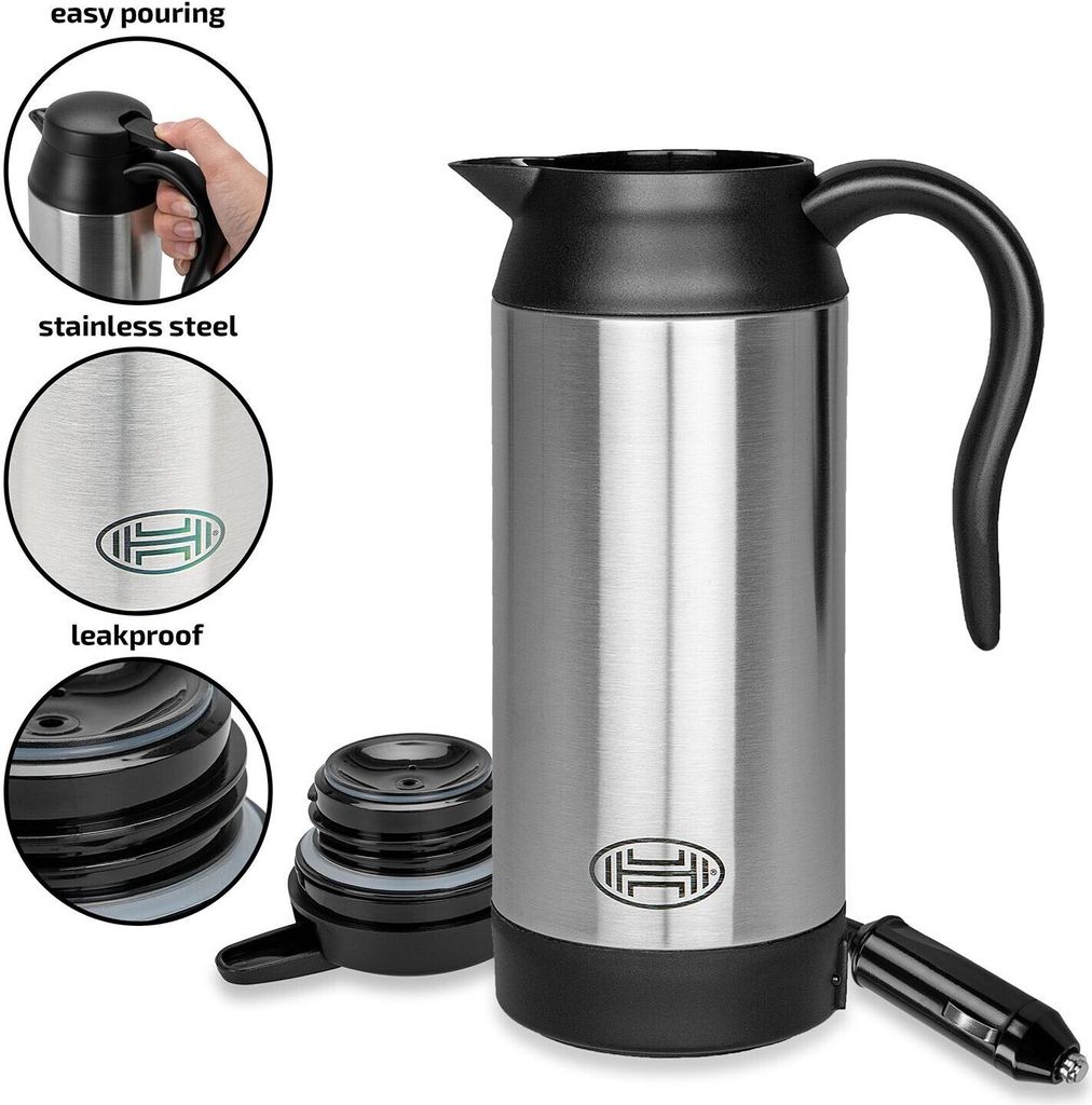 Collage of a car electric kettle with close-up views of its features.