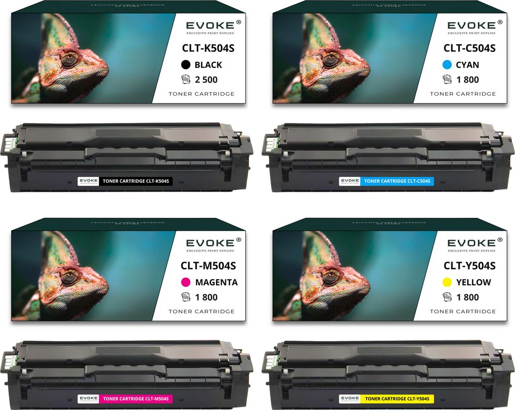 A collage of four toner cartridges, each with its packaging, featuring a chameleon image.