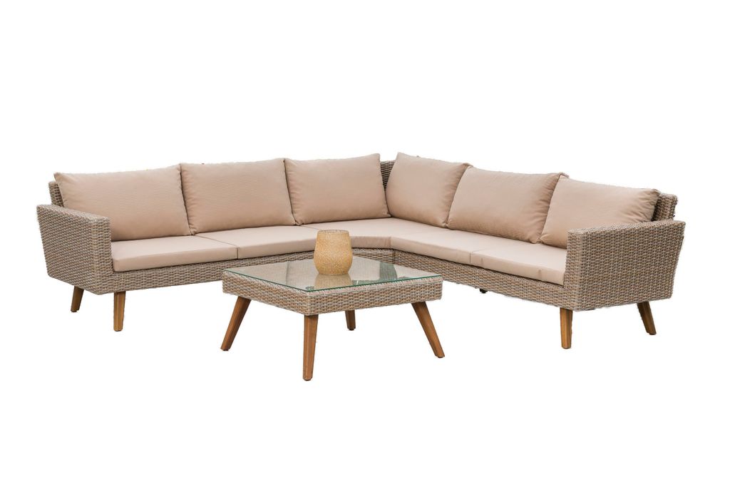 Merxx Garteneckset Pamplona, Lounge Set, Eckbank inkl. Kissen, Tisch 70 x 70 cm - Aluminium/Polyrattan/Akazie