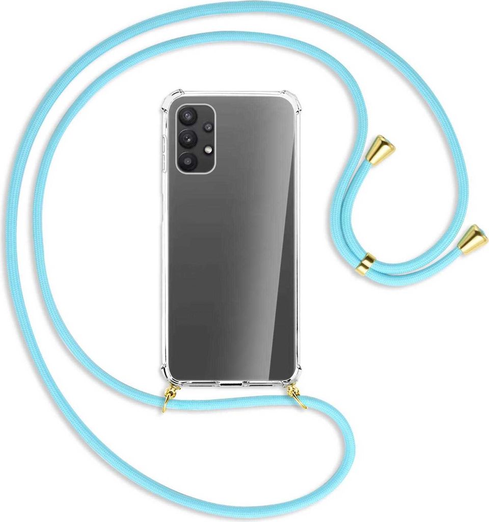Handykette Backcover-Schutzhülle mit Band (Metall goldfarben) für Samsung Galaxy A23 4G - himmelblau