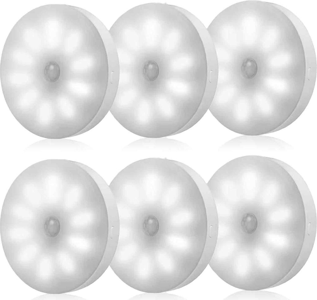 【6er Set】Dimmbares Nachtlicht mit Bewegungsmelder, mit integrierter Batterie - 10 LED, via USB aufladbar. Geeignet für Schrankbeleuchtung, Kin...