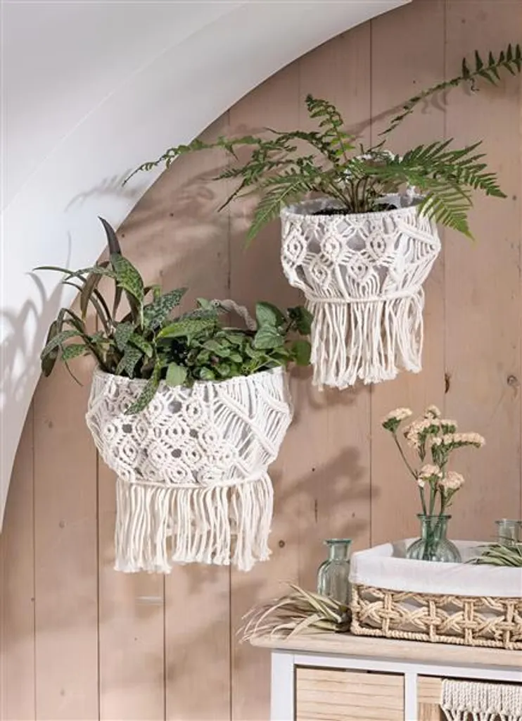 Panier Suspendu Boho Chic en Coton Tressé Beige pour Plante et Rangement