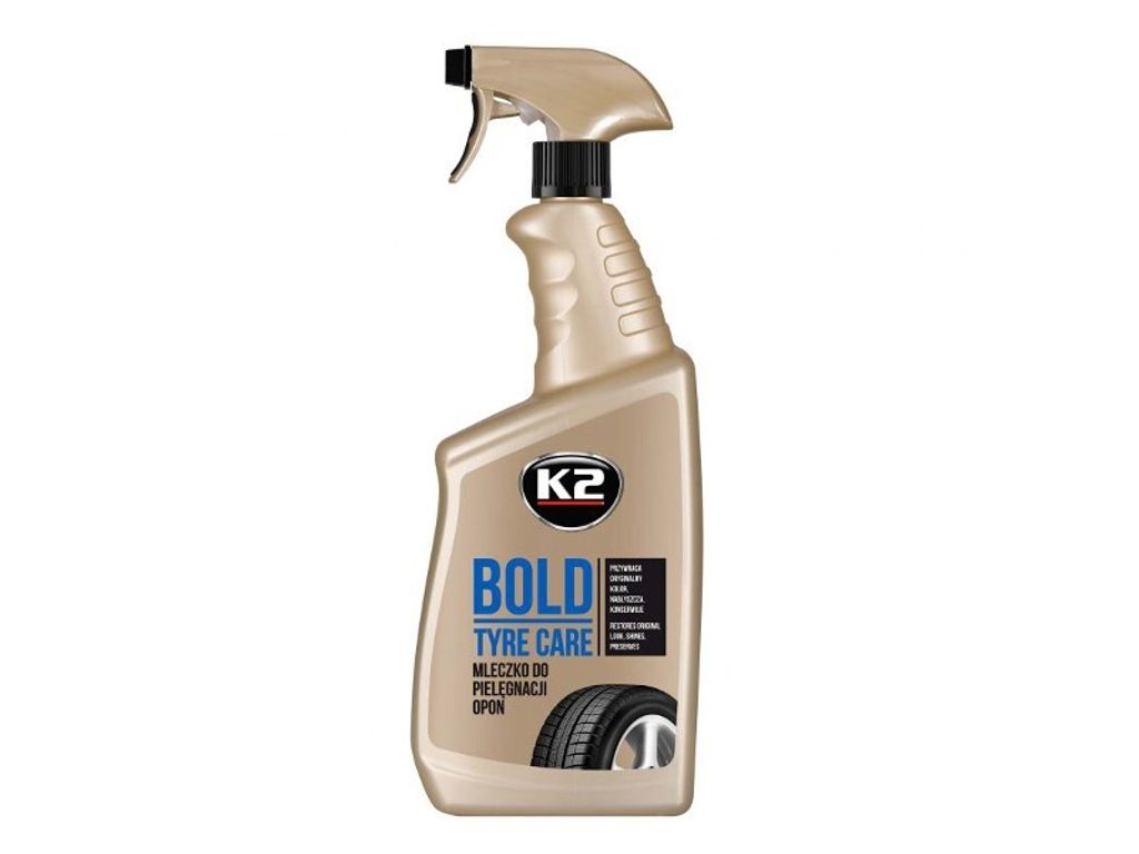 A bottle of K2 BOLD Tyre Care product against a white background.