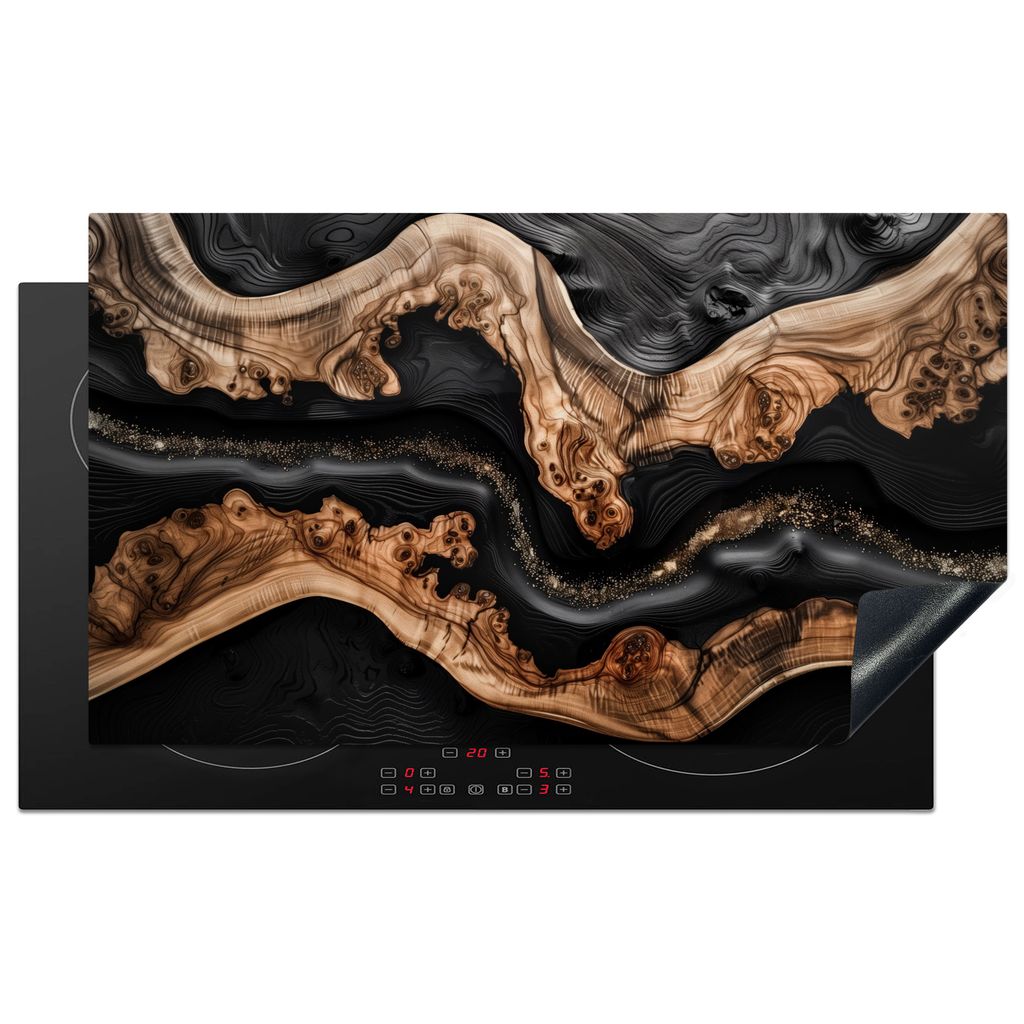 KitchenYeah Herdabdeckplatte Schwarz - Braun - Holzmotiv , 91x52cm, Küche Deko, Glaskeramikkochfeld Herdabdeckung, Abdeckplatte fùr Kochfeld