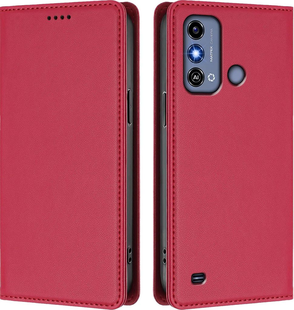 Handyhülle für ZTE Blade A53, Kunstleder Klapphülle Stoßfeste Magnetische Hülle mit Ständer Rot