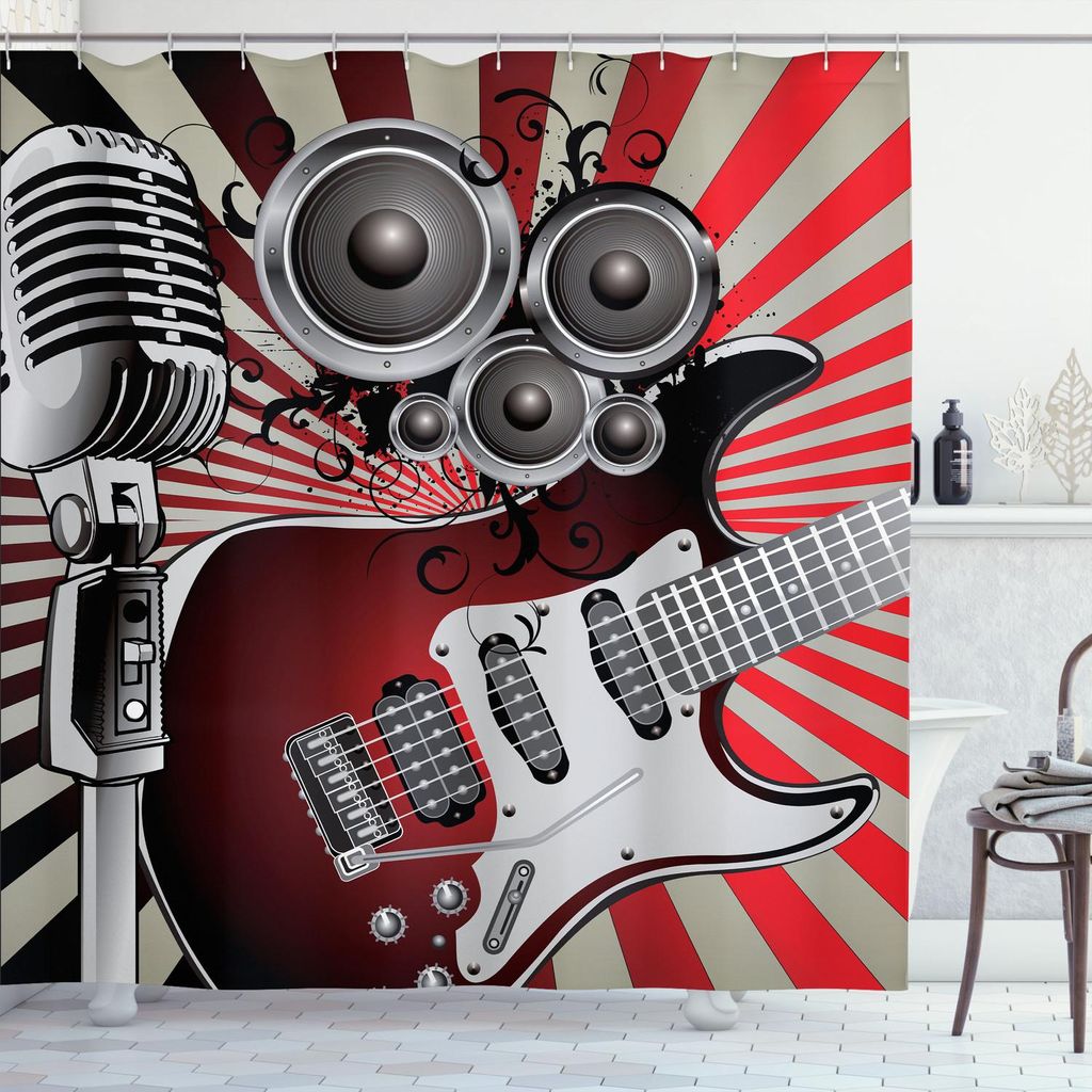 ABAKUHAUS Musik Duschvorhang, Altmodischer Lautsprecher Funkrhythmus Schnörkel Motiven, 175 x 180 cm, Burgund Beige Grau