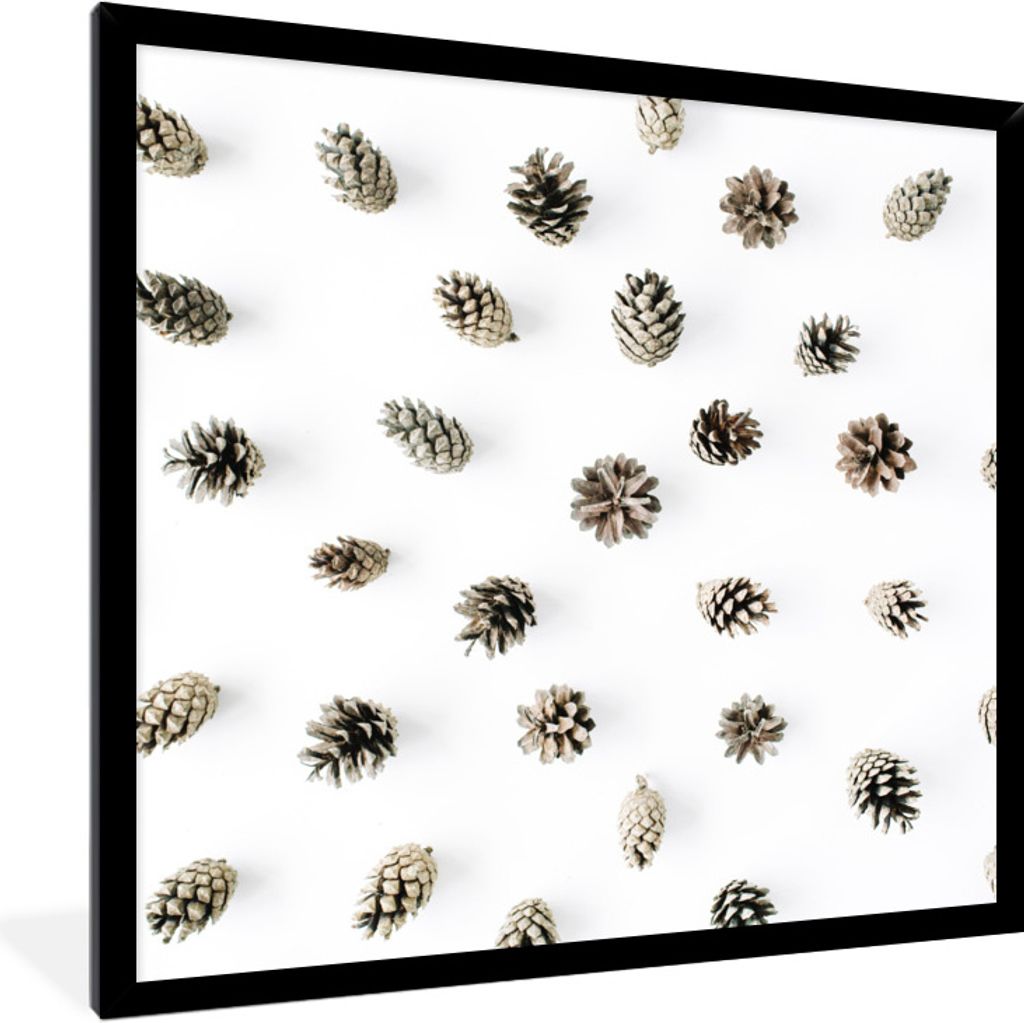 MuchoWow Gerahmtes Poster Tannenzapfen - Winter - Weiß 40x40 cm - Poster mit Schwarzem Bilderrahmen Wandposter Rahmen Foto Bilder - Mit Rahmen -...