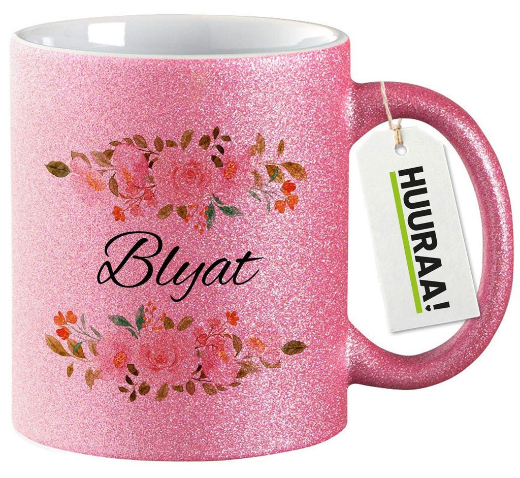 Huuraa Glitzertasse Blyat russisch Blumen 330ml Pink Keramik Kaffeebecher Geschenkidee