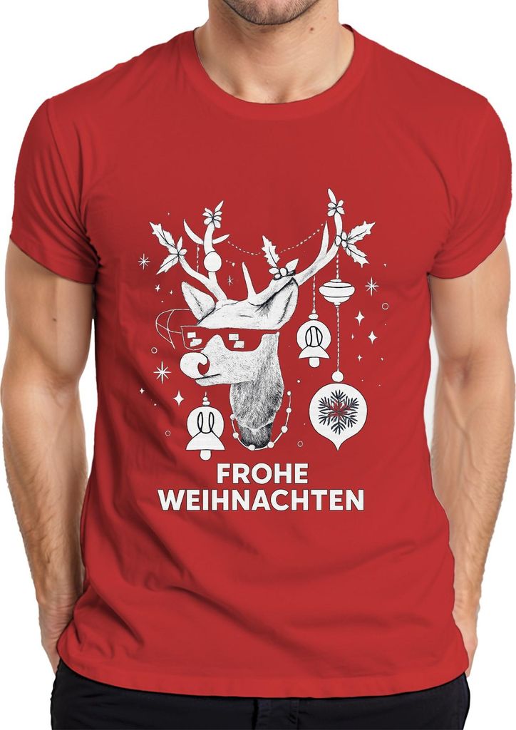 FROHE WEIHNACHTEN Rentier Sonnenbrille Hirsch Weihnachtskugeln Herren T-Shirt, Rot, S