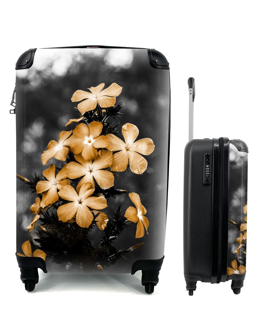 MuchoWow Koffer Handgepäck Trolley Rollkoffer Kleine Reisekoffer mit 4 Rollen - Blumen - Braun - Schwarz - Weiß - Cabin Size < 55x40x23 cm & 55...