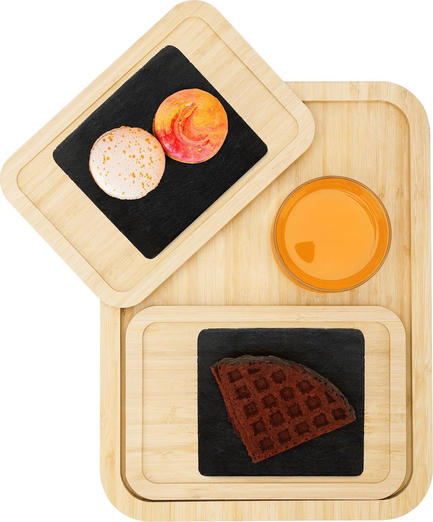 Belle Vous (3er Pack) Bambus Tablett Serviertablett - 1 Großes & 2 Kleine Holztabletts - Tablett Holz Set für Speisen, Getränke, Frühstück, Ab...