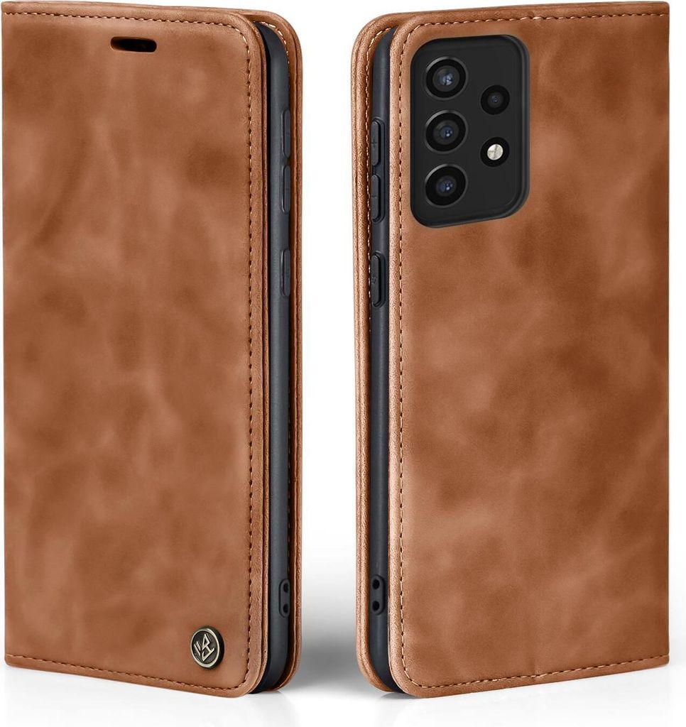 Two views of a brown leather flip phone case for a Samsung Galaxy A72.
