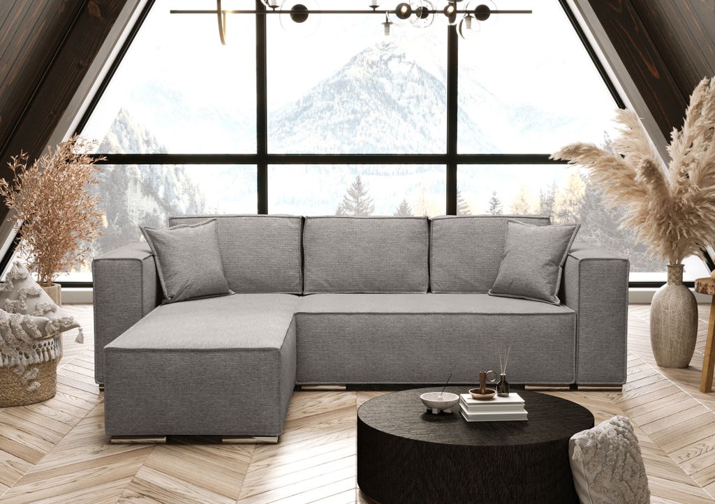 AX LIVING Hellgrau Ecksofa mit Schlaffunktion Vinoria L-Form 255 cm Links