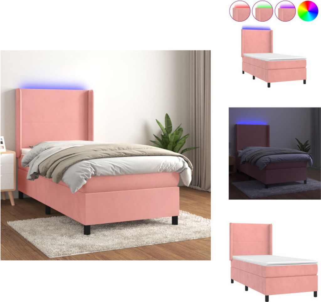 vidaXL Boxspringbett mit Matratze & LED Rosa 90x200 cm Samt - Betten & Bettgestelle