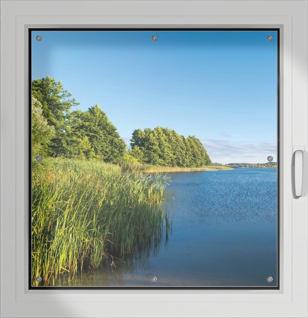 Wallario Lichtschutzbild, Dekorativer Sichtschutz Sonnenschutz 96 x 93 cm mit Motiv: Malerischer See mit Schilf unter blauem Himmel - Verdunklung o...