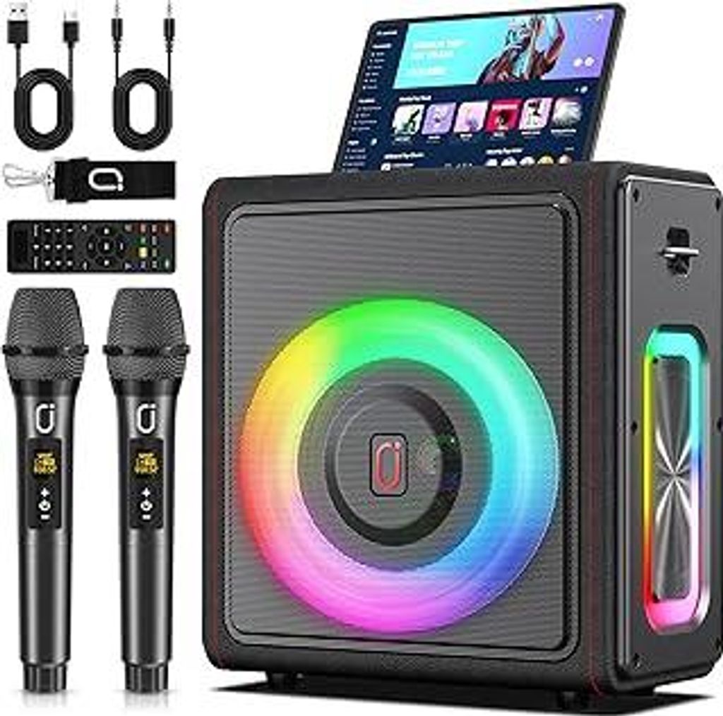 Karaoke Maschine mit 2 drahtlosen Mikrofones, Tragbaren Bluetooth 5.3 Karaoke Anlage Lautsprecher mit RGB-Licht für Hausparty, PA-System für Erwa...