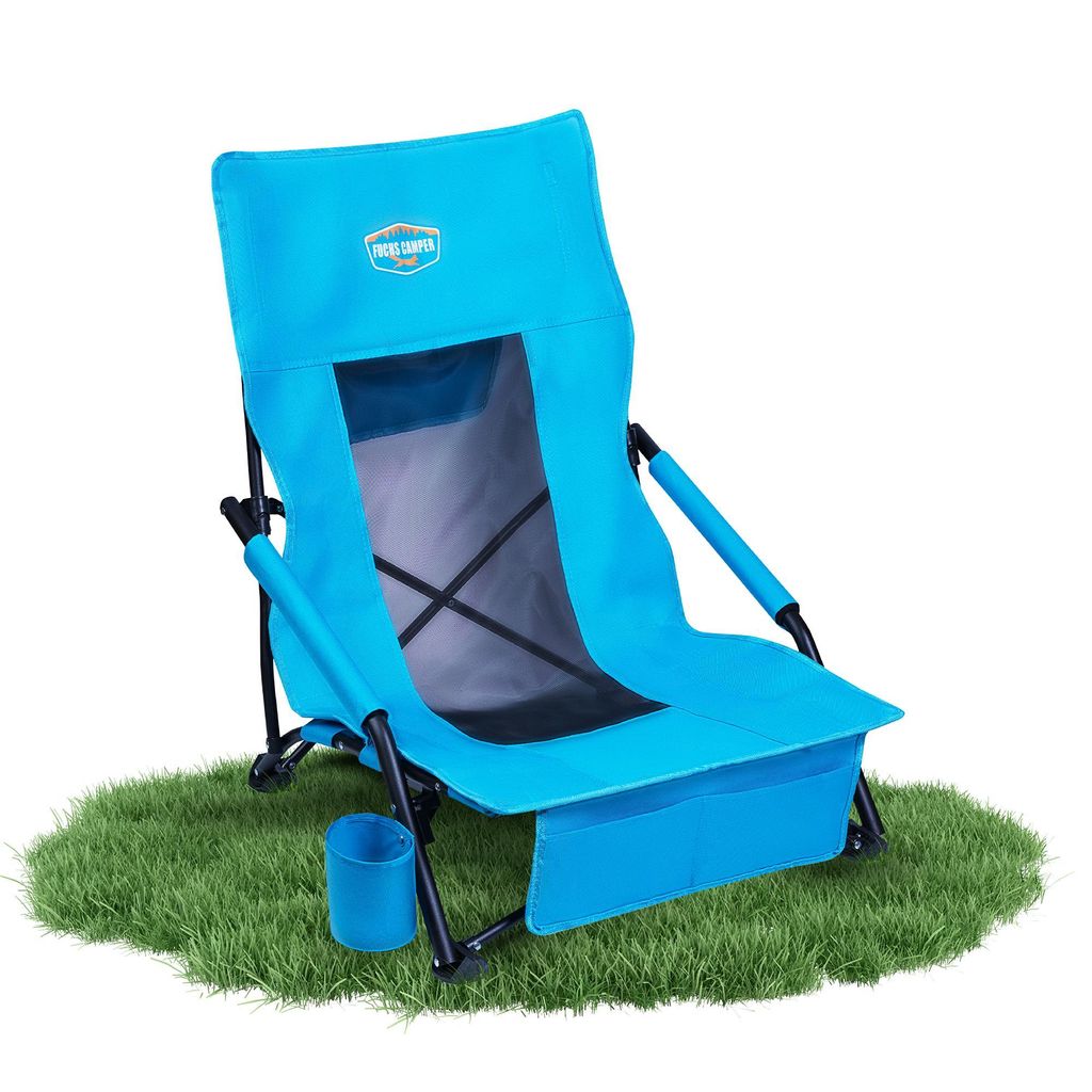 Fuchs Camper Strandstuhl klappbar – Campingstuhl mit hoher Rückenlehne & Mesh-Gewebe – Faltbarer Outdoor Stuhl mit Getränkehalter und Taschen