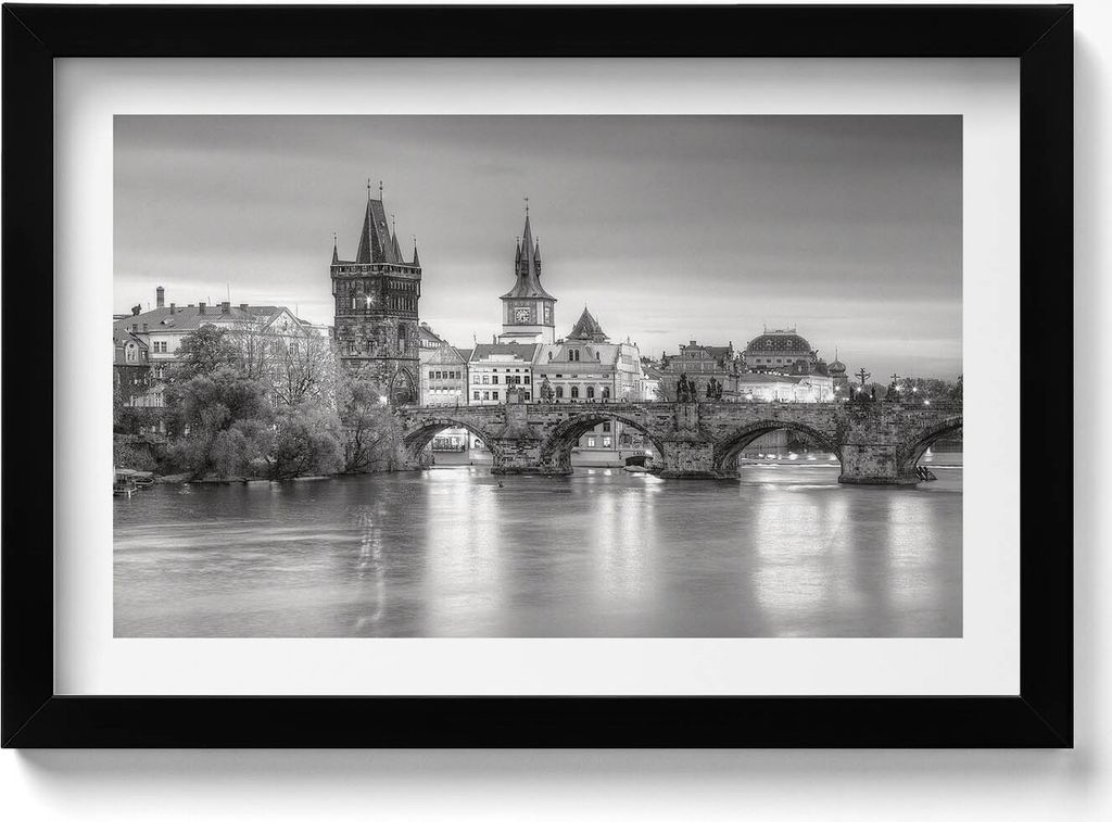 Blick auf die Karlsbrücke Prag– Wandbild mit Rahmen – Gerahmtes Bild – Wanddekoration – 30x20 cm – Schwarz Rahmen