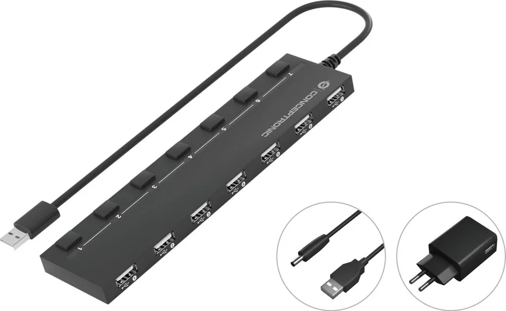 Hub USB 7 Ports Auto-alimenté Conceptronic Noir pour PC et Ordinateur