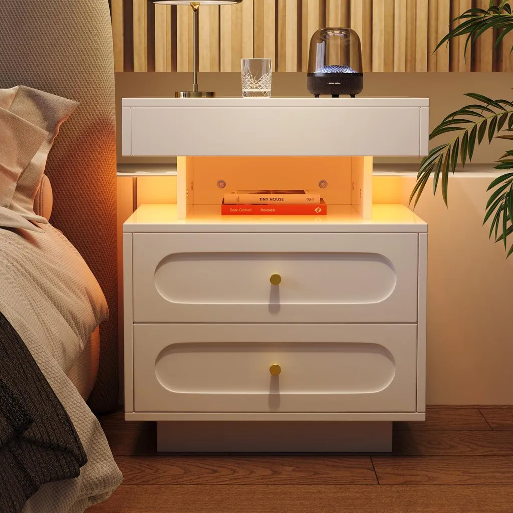 Commode de nuit blanche à LED avec compartiment ouvert et double tiroir