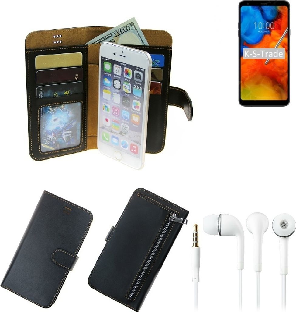 TOP SET Portemonnaie Schutz Hülle kompatibel mit LG Electronics Q Stylus+ schwarz aus Kunstleder + Kopfhörer Walletcase Smartphone Tasche
