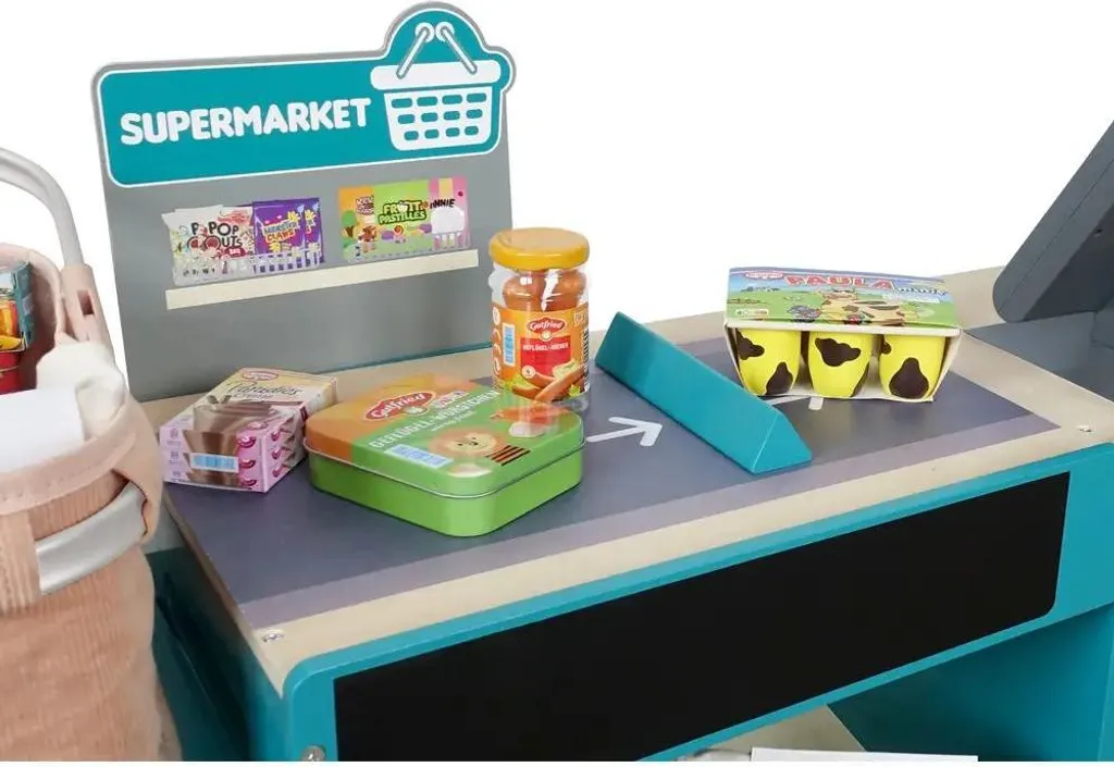Marchande de supermarché en bois pour enfant avec caisse enregistreuse