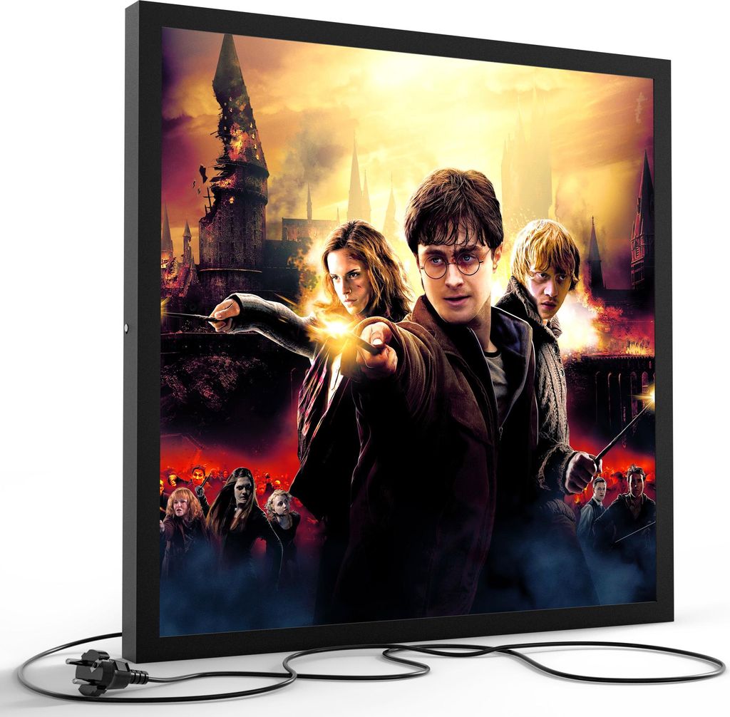 DEQORI LED-Bild & Lampe 60x60 cm Schwarz 'Happy Potter Collage' Leuchtbild LED Leuchte