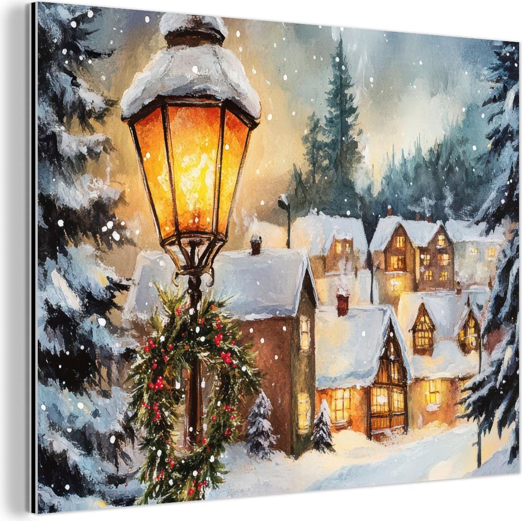 MuchoWow Wanddekoration Metall Metallbild Wandkunst 80x60 cm Weihnachtsdorf - Häuser - Schnee - Weihnachten MuchoWow Aluminium Gemälde - Alubild