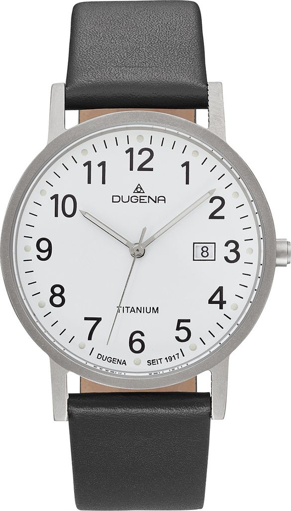 A close-up studio shot of a men's wristwatch with a white dial and a black leather strap.