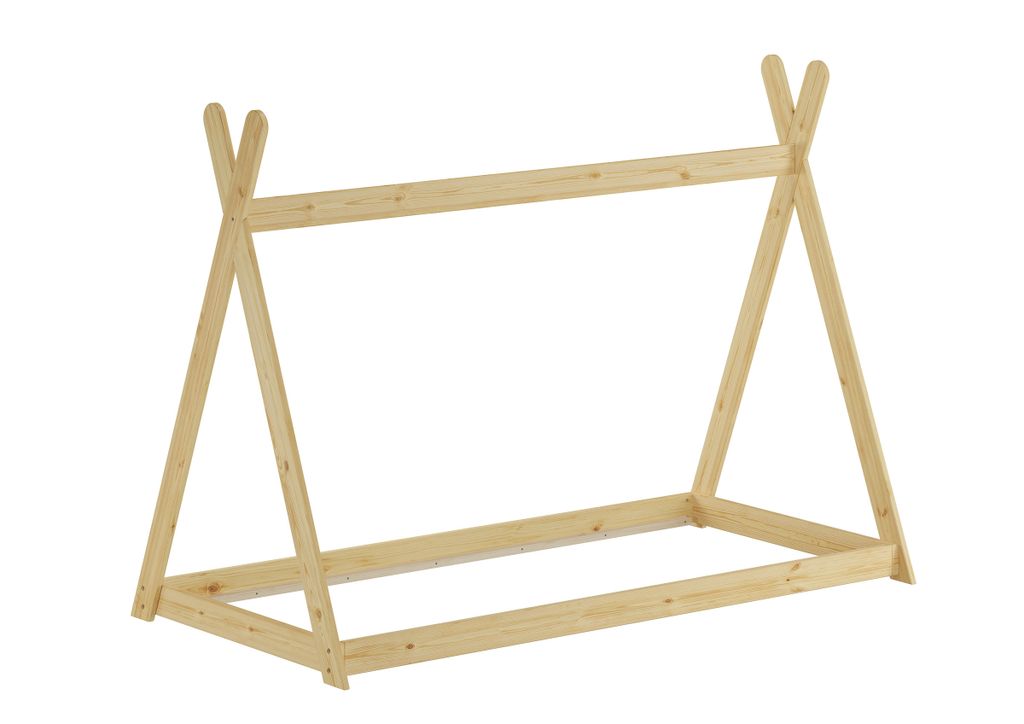 Niedriges Tipi-Kinderbett, Holzbett 90x200 Kiefer natur lackiert, Zubehör wählbar V-60.27-09Rollrost und Matratze inkl.