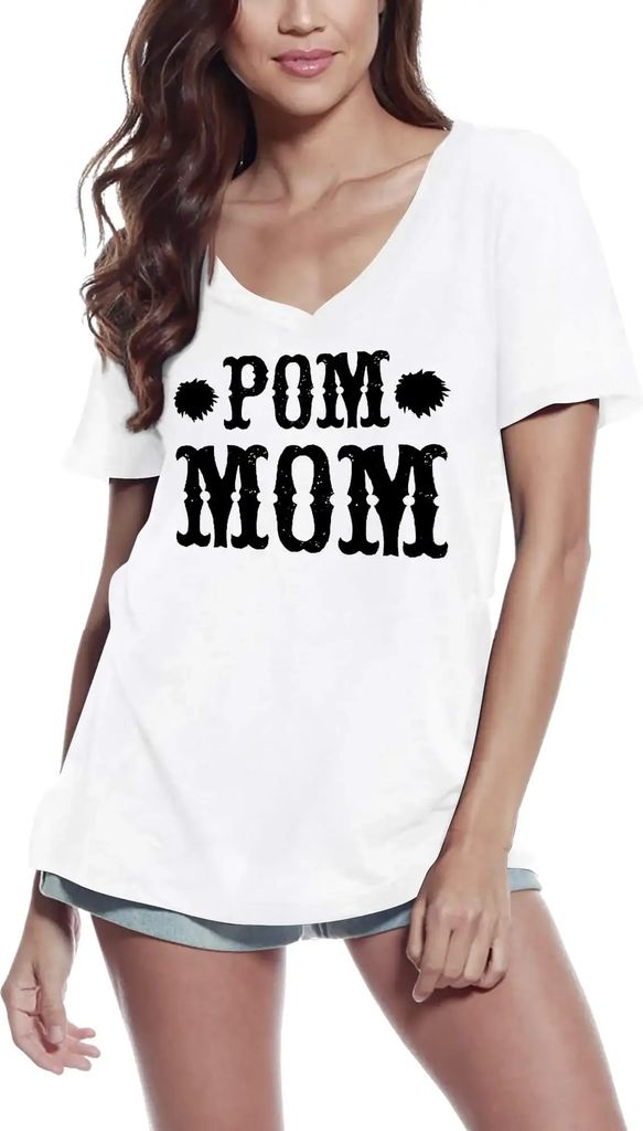 Damen Grafik T-Shirt V-Ausschnitt Pom Mama Pomeranian Hundeliebhaber – Pom Mom Pomeranian Dog Lover – Öko-Verantwortlich Vintage Jahrgang Kurzarm