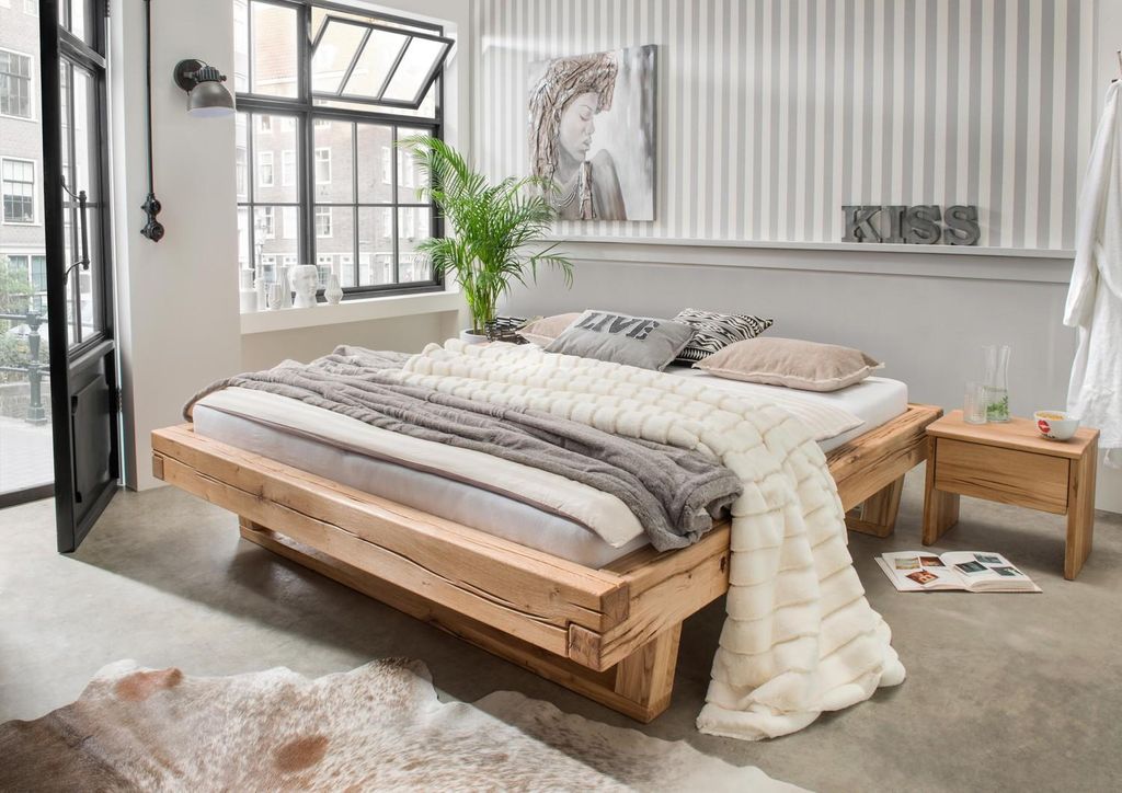 Monaco Balkenbett Bett OK 200x200 Wildeiche Natur Geölt