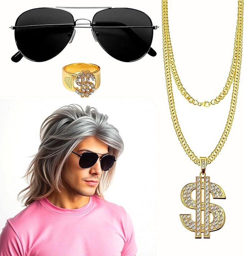 4 in 1 Vokuhila Kostüm Set – 80er 90er Goldkette, Brille Produktbild 
