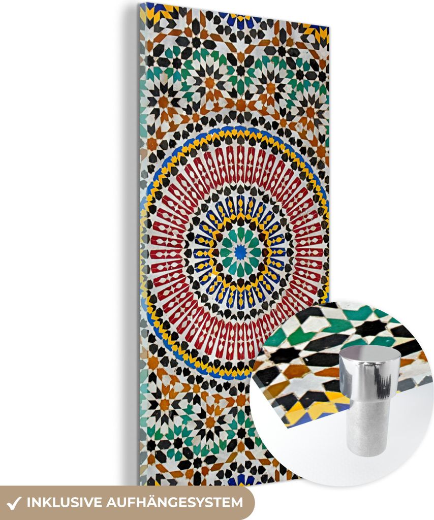 MuchoWow Glasbilder - Bilder auf Wandbild - Foto auf Glas Ansicht eines marokkanischen Mosaiks von oben 60x120 cm Wanddekoration aus Glas - Acrylgl...