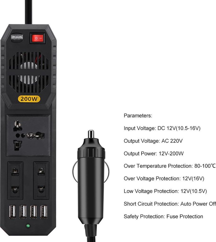 Auto Wechselricht, schwarzer ABS -Kunststoff -Wechselrichter, niedrigeres Geräuschkompatibler 200 W DC 12 V bis AC 220V -Verstärker für die meis...