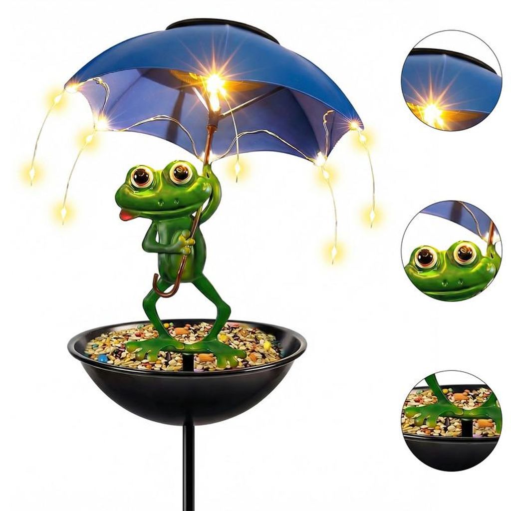 Solar Vogelfutterhaus Frosch mit Regenschirm – 93 cm hoch, Produktbild 
