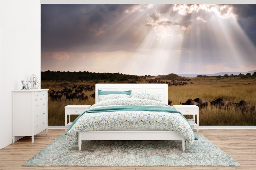 MuchoWow Fototapete für Wohnzimmer oder Schlafzimmer Wandtapete Vinyl Motivtapete Sonnenstrahlen auf Gewitterwolken im Masai Mara National Park ...