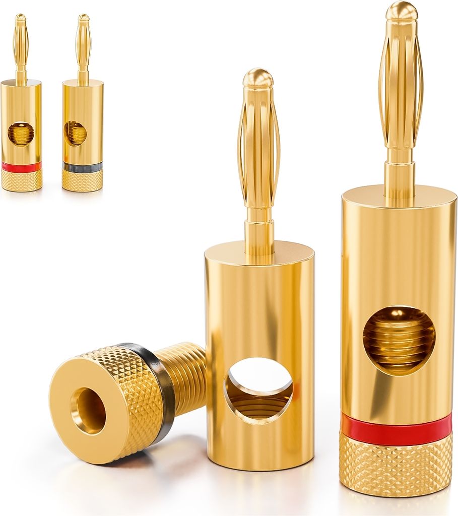 deleyCON 4x Bananenstecker 24K vergoldet und schraubbar für Kabel Boxen Verstärker AV-Receiver Endstufen HiFi Stereoanlagen