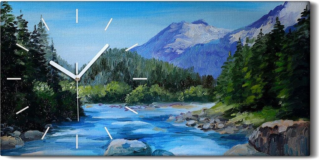 Dekor Leinwand Uhr Wandbilder Geräuschlos 60x30 Ölgemälde Berge Wald Fluss Natur - weiße Hände