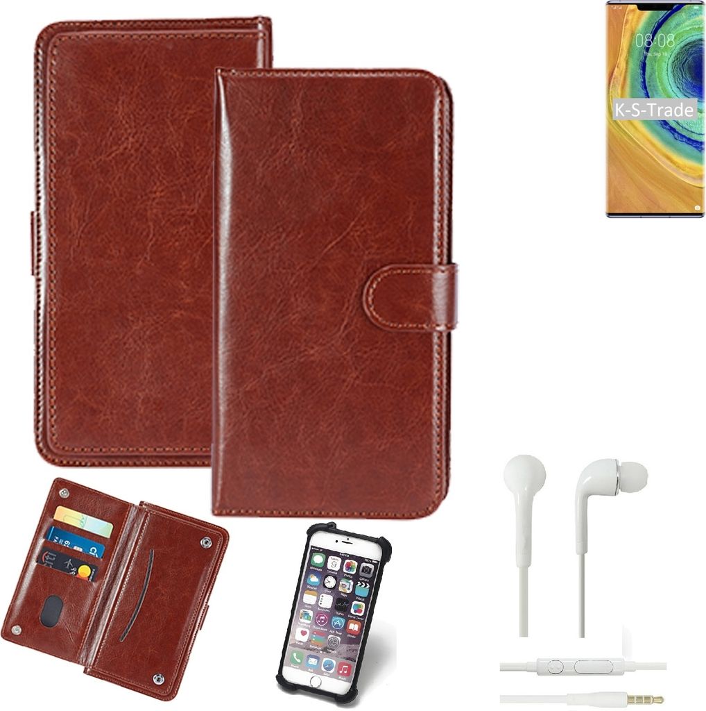 K-S-Trade 360° Hülle kompatibel mit Huawei Mate 30 Pro inkl. Headphones braun Kunstleder Case BookCase WalletCase Kunstlederederhülle Handyhülle,