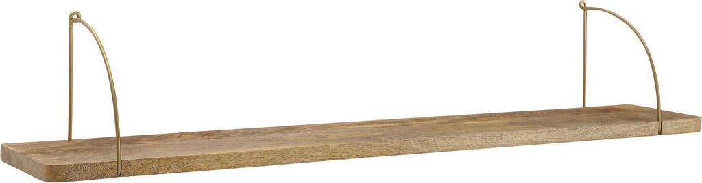 A wooden shelf with metal supports against a white background.