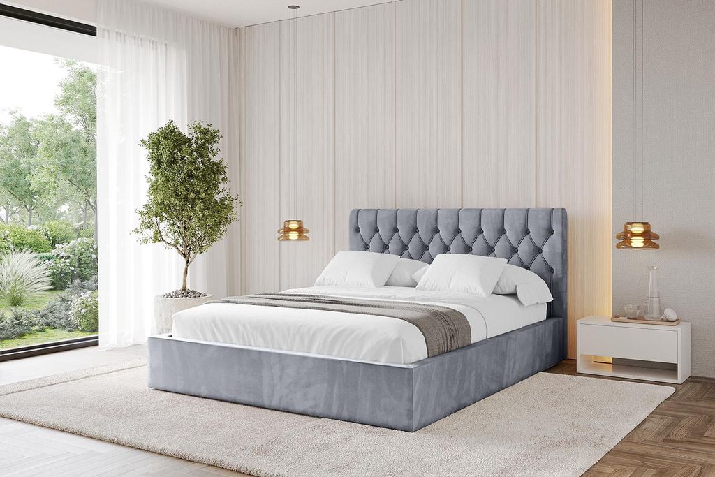 ALTDECOR Polsterbett mit Bettkasten - RENO 160x200 Grau und Lattenrost, Bett mit Kopfteil, Boxbett ohne Matratze, Doppelbett mit Stauraum