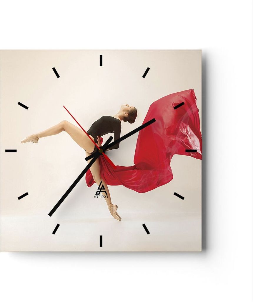 Wanduhr - Quadrat - Glasuhr - Ballerina Tanz Rot - 40x40cm - Schleichendes Uhrwerk - Lautlos - zum Aufhängen bereit - Dekoration Modern - Wanddeko...