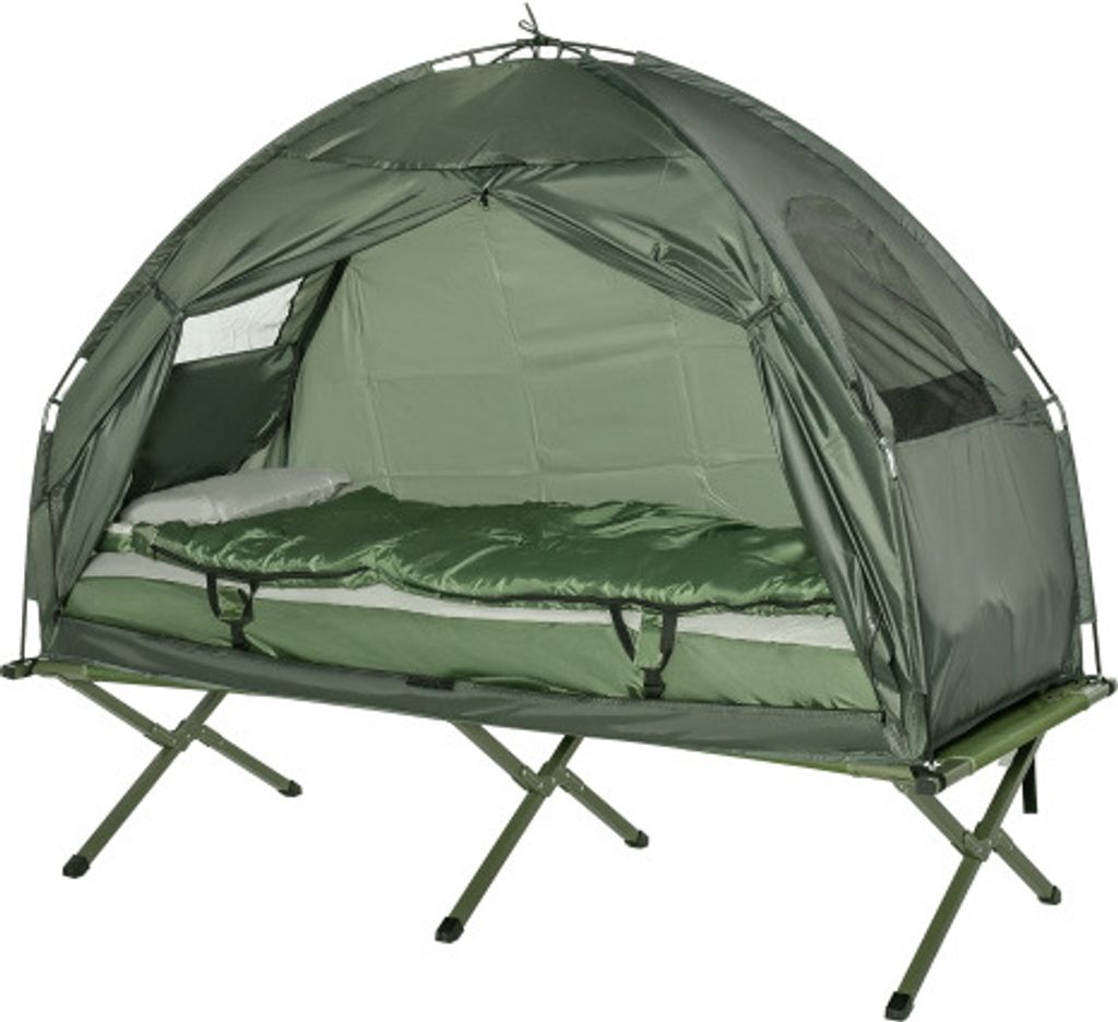 Feldbett Set 193x86x160cm 4in1 Mit Zelt Schlafsack Matratze Faltbar Dunkelgruen Fuer Outdoor Abenteuer Reisen